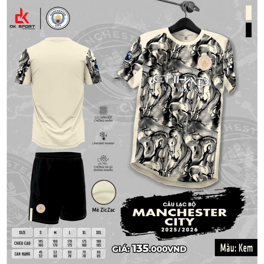 Quần Áo Bóng Đá Man City Kem 25/26 - Vải Mè Ziczac DK  – In Tên Số Theo Yêu Cầu BIBO SPORT