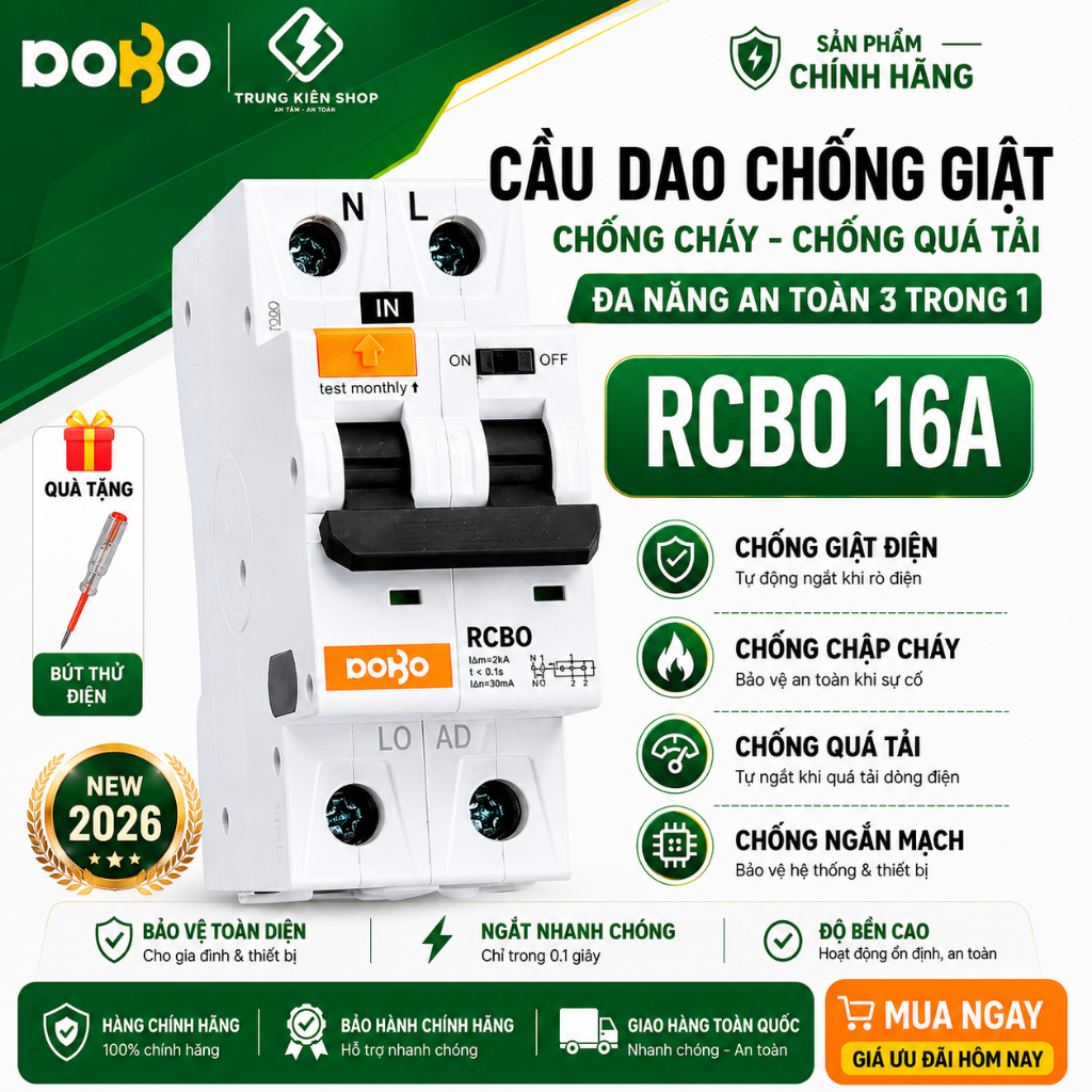 [RCBO 16A] Cầu Dao Chống Giật 16A  RCBO DOBO KOREA đa năng - siêu nhạy 6kA 30mA (Aptomat chống giật)