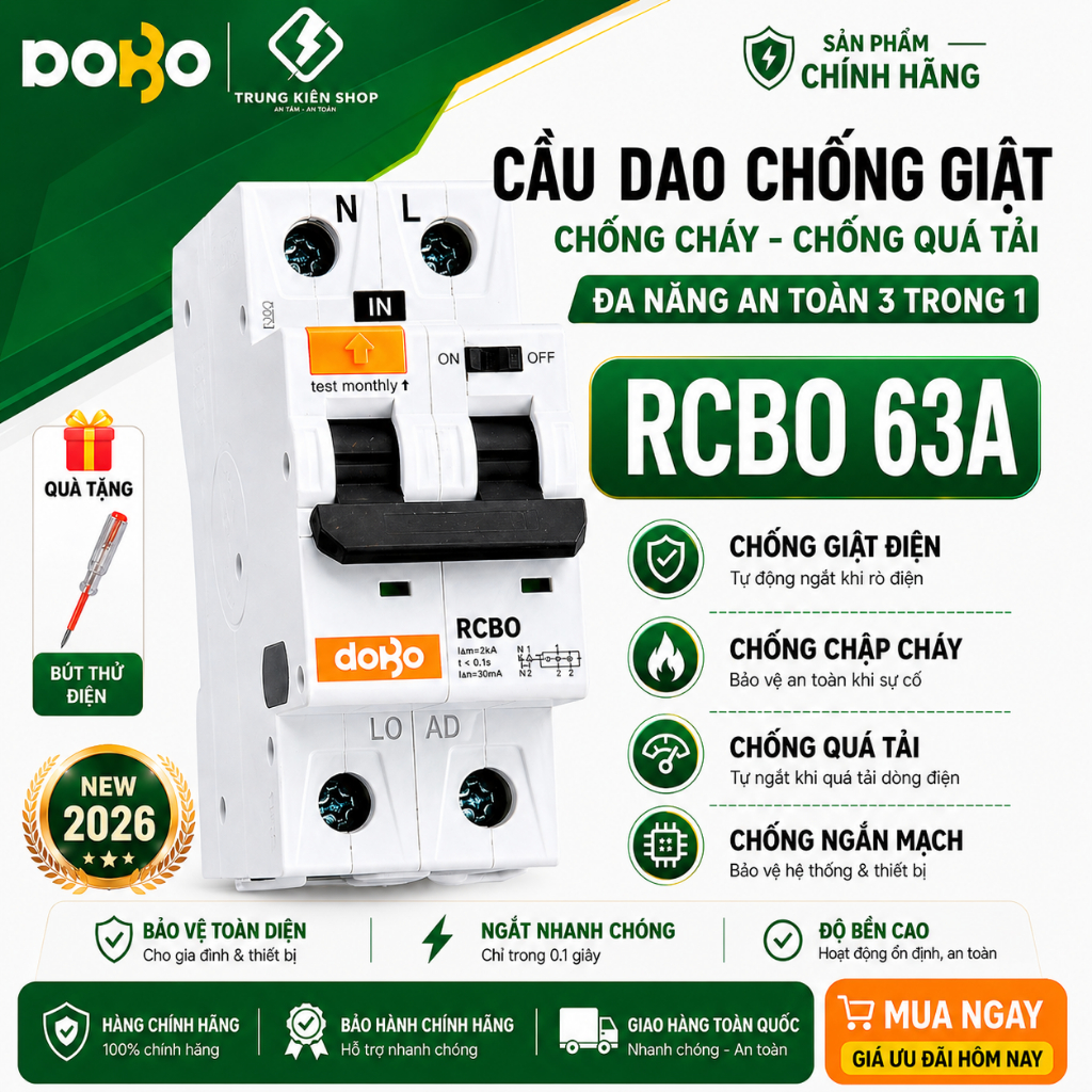 [RCBO 63A] Cầu Dao Chống Giật 63A RCBO DOBO KOREA đa năng - siêu nhạy 6kA 30mA (Aptomat chống giật) 