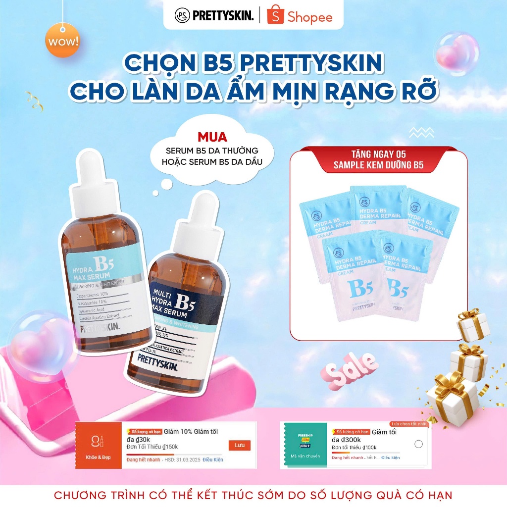 (Tặng 05 sample kem dưỡng) Serum giúp phục hồi dưỡng sáng B5 Prettyskin 50ml
