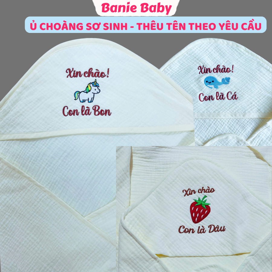 (THÊU TÊN) Ủ Choàng Xô Muslin Thêu Tên Cho Bé Sơ Sinh Thêu Tên Theo Yêu Cầu Chăn Choàng Ủ Xô Muslin 