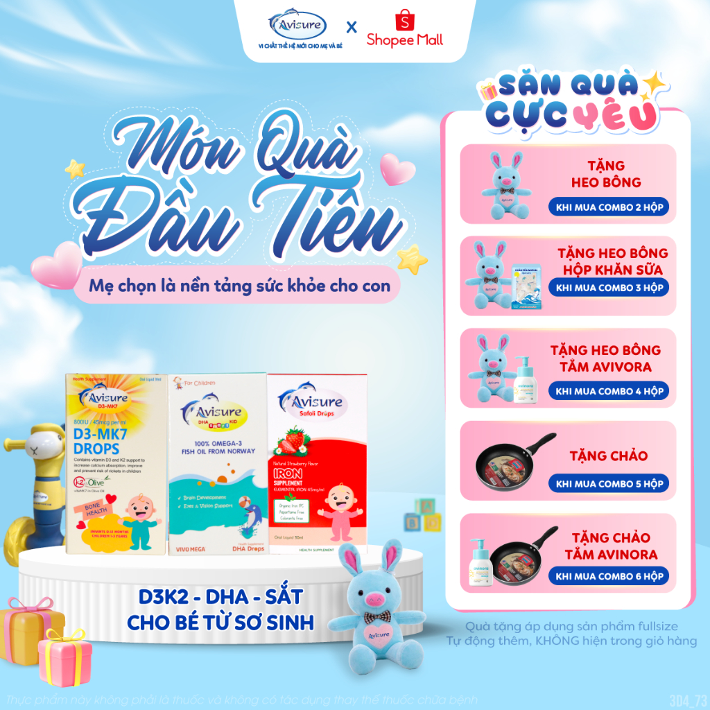 Bộ ba Avisure D3MK7, DHA, Safoli Drop TPBVSK bổ sung D3, DHA, Sắt hữu cơ cho bé