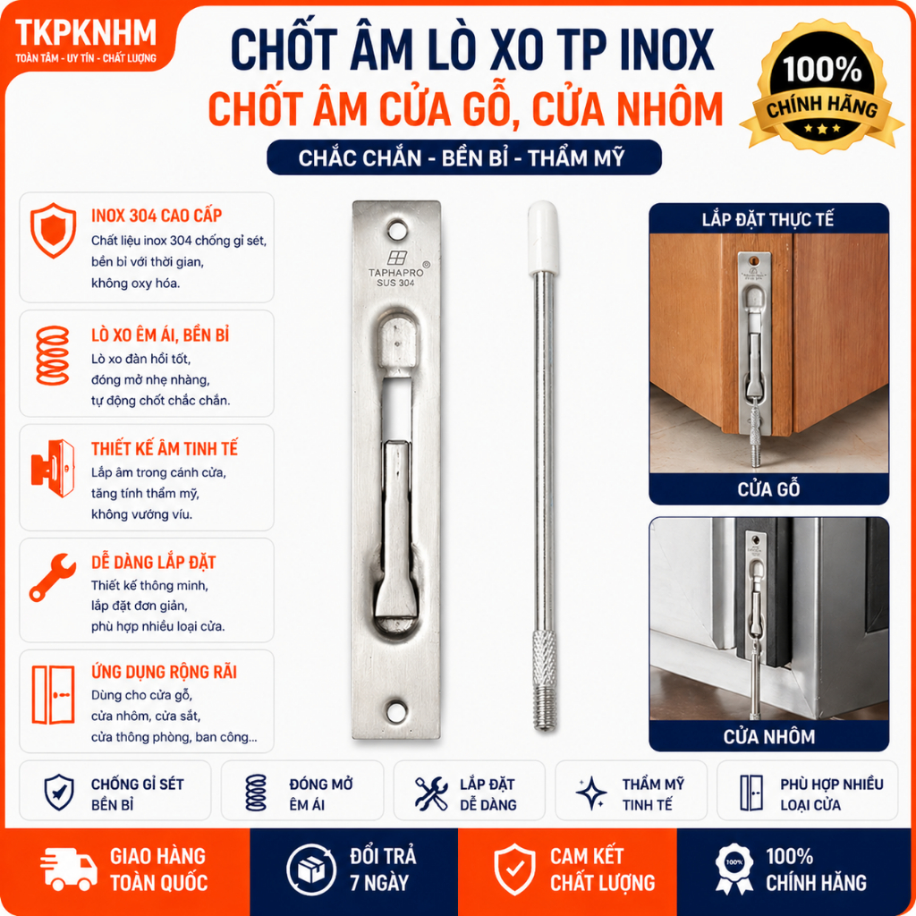 Chốt Âm Lò Xo TP Inox – Chốt Âm Cửa Gỗ, Cửa Nhôm Chắc Chắn