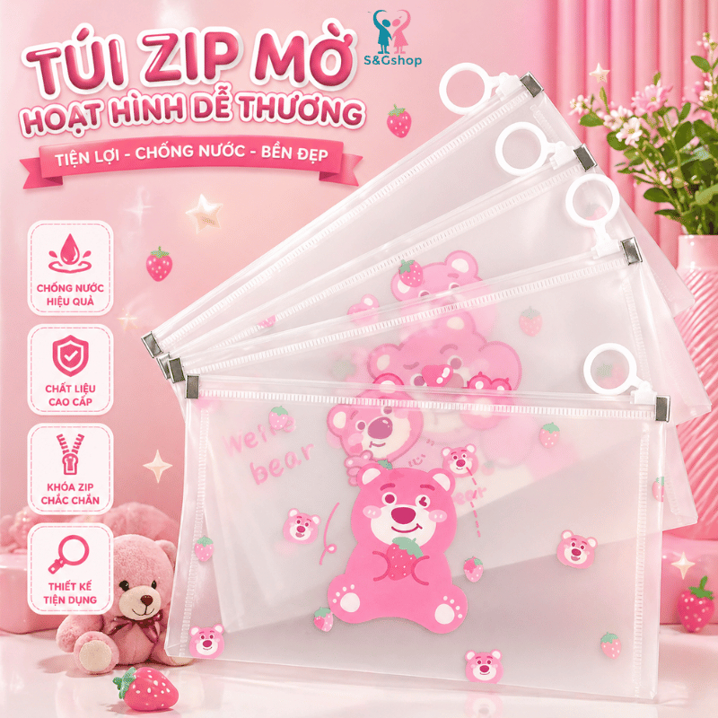 Set 2 Túi đựng bút gấu dâu lotso khóa zip kích thước B6 đồ dùng học tập văn phòng phẩm làm quà tặng 