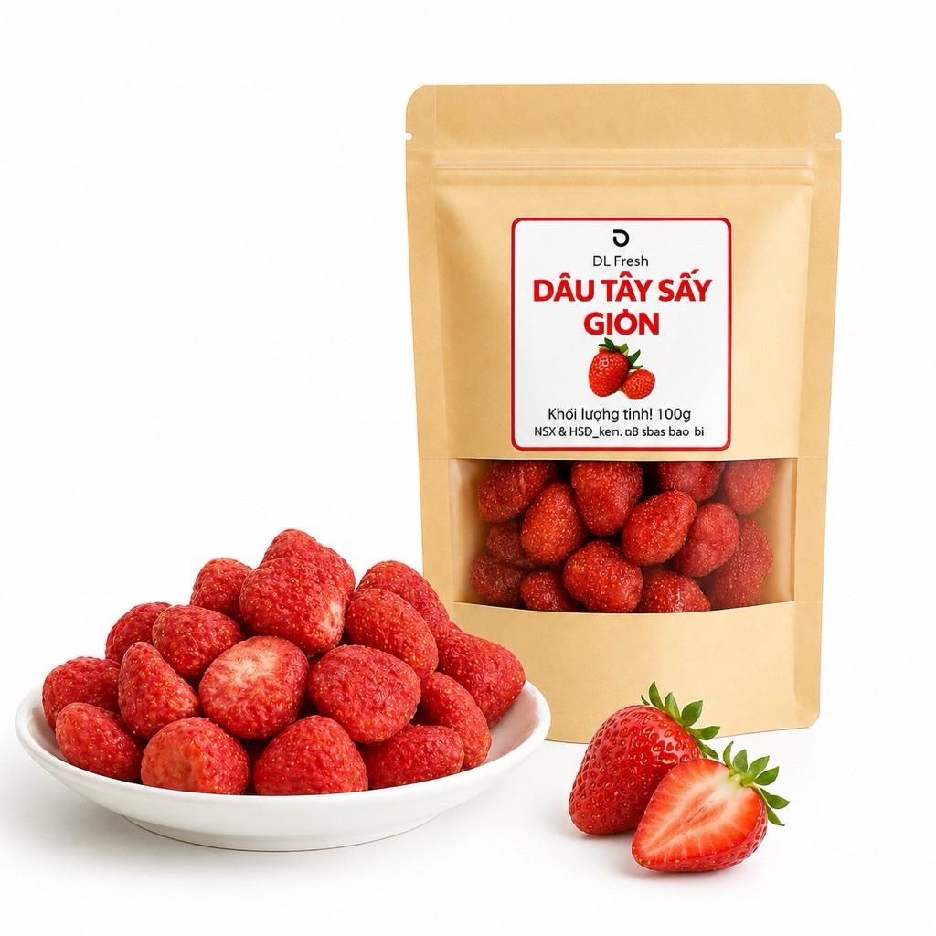 Dâu Tây Sấy Giòn DLFresh 100g | Đặc Sản Đà Lạt | Ăn Vặt Giòn Rụm