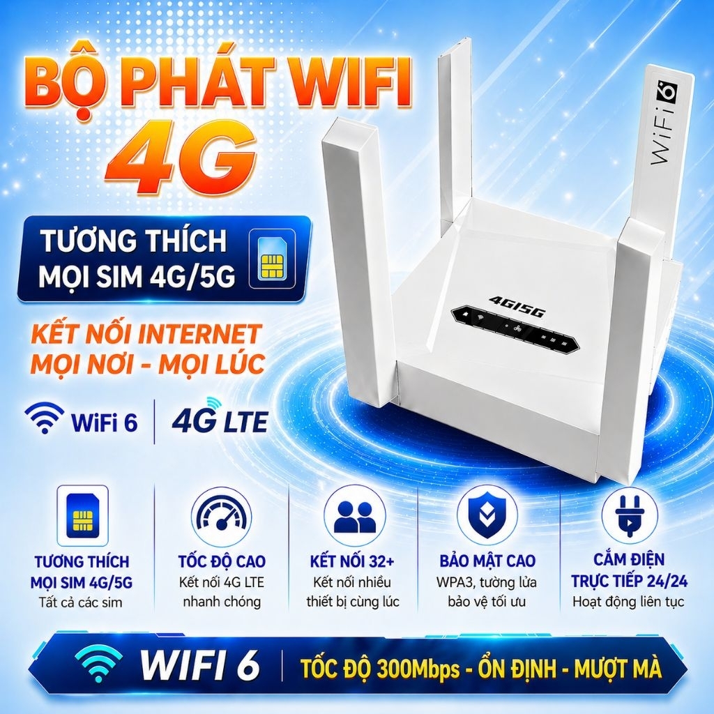 Bộ Phát Sóng WiFi 4G LTE Chuẩn WiFi 6 Tốc Độ 300Mbps Kết Nối Ổn Định Hỗ Trợ SIM 4G/5G 4 Ăng-ten