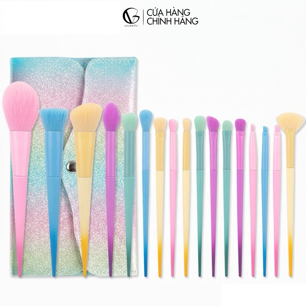 Bộ cọ trang điểm chuyên nghiệp GUVIET màu cầu vồng gồm 17 cọ đi kèm túi đựng