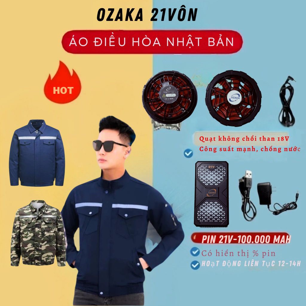 Áo Điều Hòa OZAKA Nhật bản mới nhất năm 2025 BỘ PIN 2 QUẠT Quạt 21V - 100.000MAH