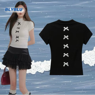Áo ôm cổ lọ tay ngắn gân lụa đính nơ