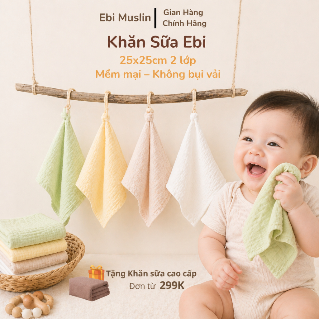 Set 5 Khăn Sữa Cho Bé Muslin 25x25cm Cotton 2/4 Lớp Sợi Bông Tự Nhiên an toàn cho bé sơ sinh Ebi Sto