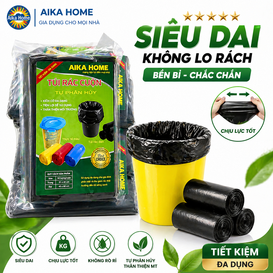 Túi Đựng Rác Tự Phân Hủy AIKAHOME Cỡ Lớn 55x65cm, Cuộn Dày Dặn Dễ Xé Tiện Dụng…