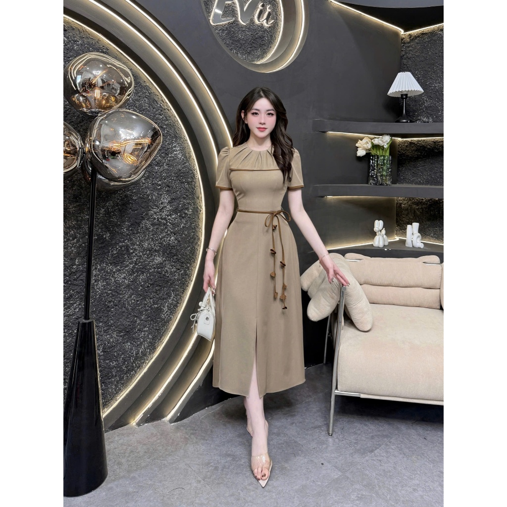 TY131 - Váy Thiết Kế Evii dành cho nữ, Đầm thiết kế cổ tròn (tặng kèm dây nơ) dáng A dài xẻ trước