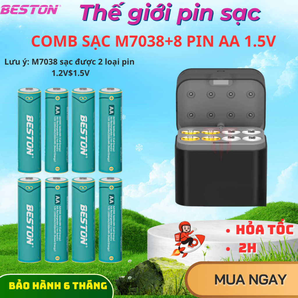 Combo sạc M7038+8 Pin sạc AA 1.5V 3600mWh, thương hiệu Beston, dùng cho thiết bị điện, đồ chơi...