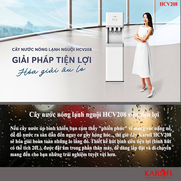 Cây nóng lạnh Karofi hút bình,3 vòi nóng lanh nguội, công nghệ Block  HCV208