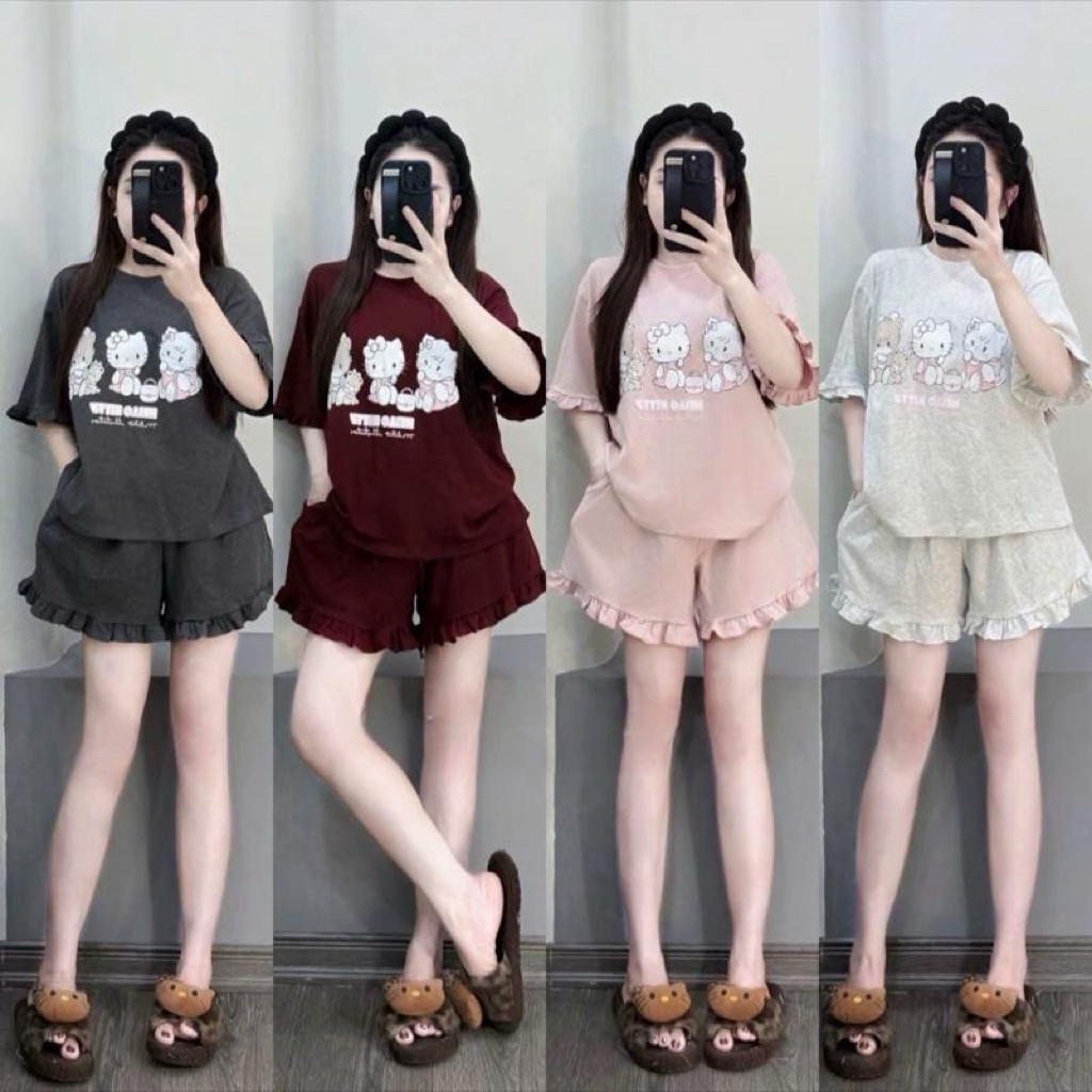 set bộ đùi nữ Mỏng Nhẹ áo cổ tròn- Bộ Mèo Su
