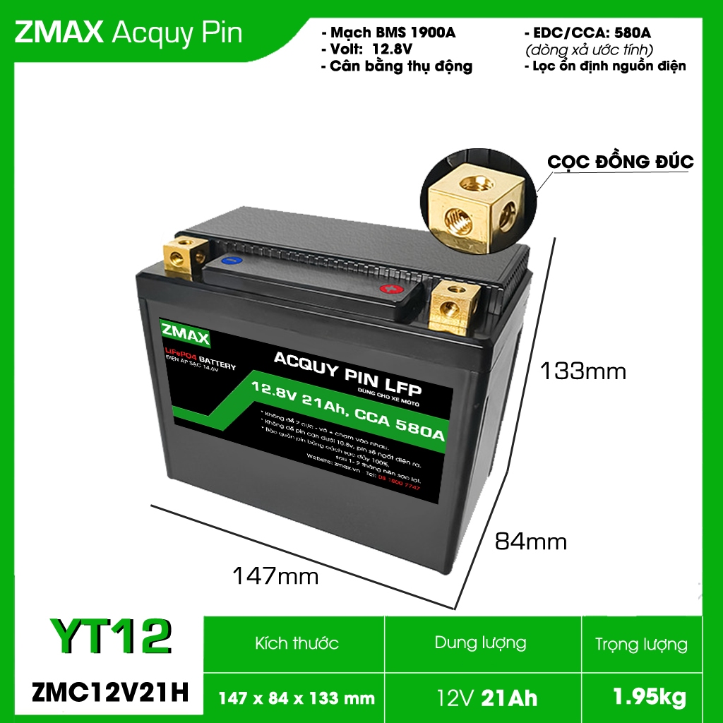 Bình Acquy ZMax Pin LFP/ Lithium LifePO4 YT12 12V 18Ah CCA 280A, 12V 21Ah CCA 580A Dùng Cho Xe Máy -