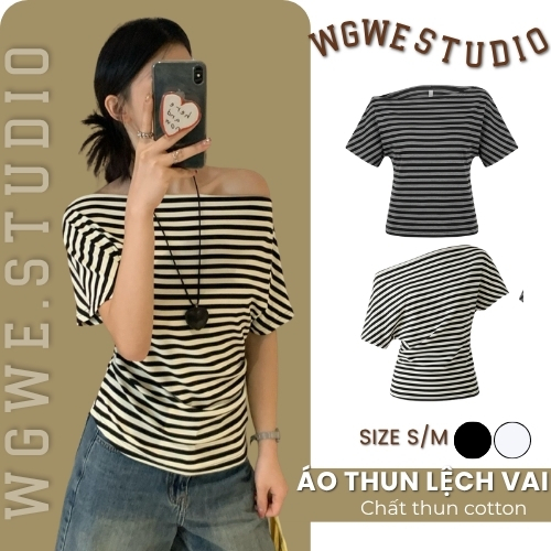 Áo Thun Trễ Vai Nữ Kẻ Sọc WGWE Studio Tay Ngắn – Form Ôm Nhẹ Tôn Dáng, Gợi Cảm 8714