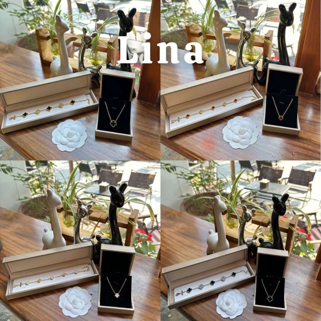 Set mix Đá 2 món cỏ 4 lá gồm dây chuyền và lắc tay 8mm,11mm Thép titan mạ vàng 18K cao cấp không đen gỉ LINA S24
