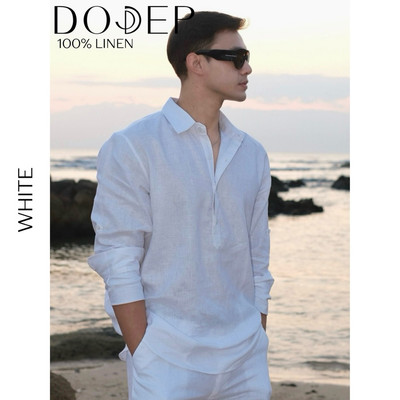 DODEP Áo sơ mi nam linen 100% tay dài Cổ xẻ