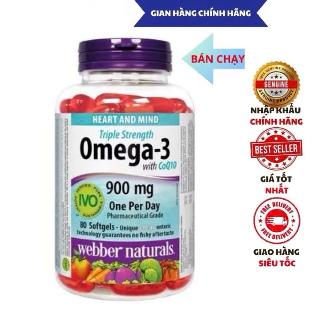 Viên uống Dầu cá Triple Strength Omega 3 DHA/EPA & CoQ10 100mg Webber Natural Canada hộp 80v