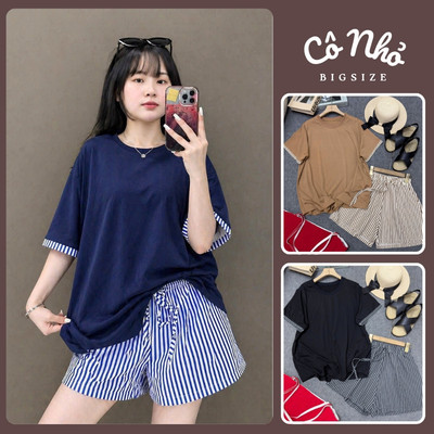 Đồ Bộ Bigsize Nữ Áo Thun Trơn Phối Viền Kẻ Form Rộng Kèm Quần Short Năng Động Cho Chubby SET872