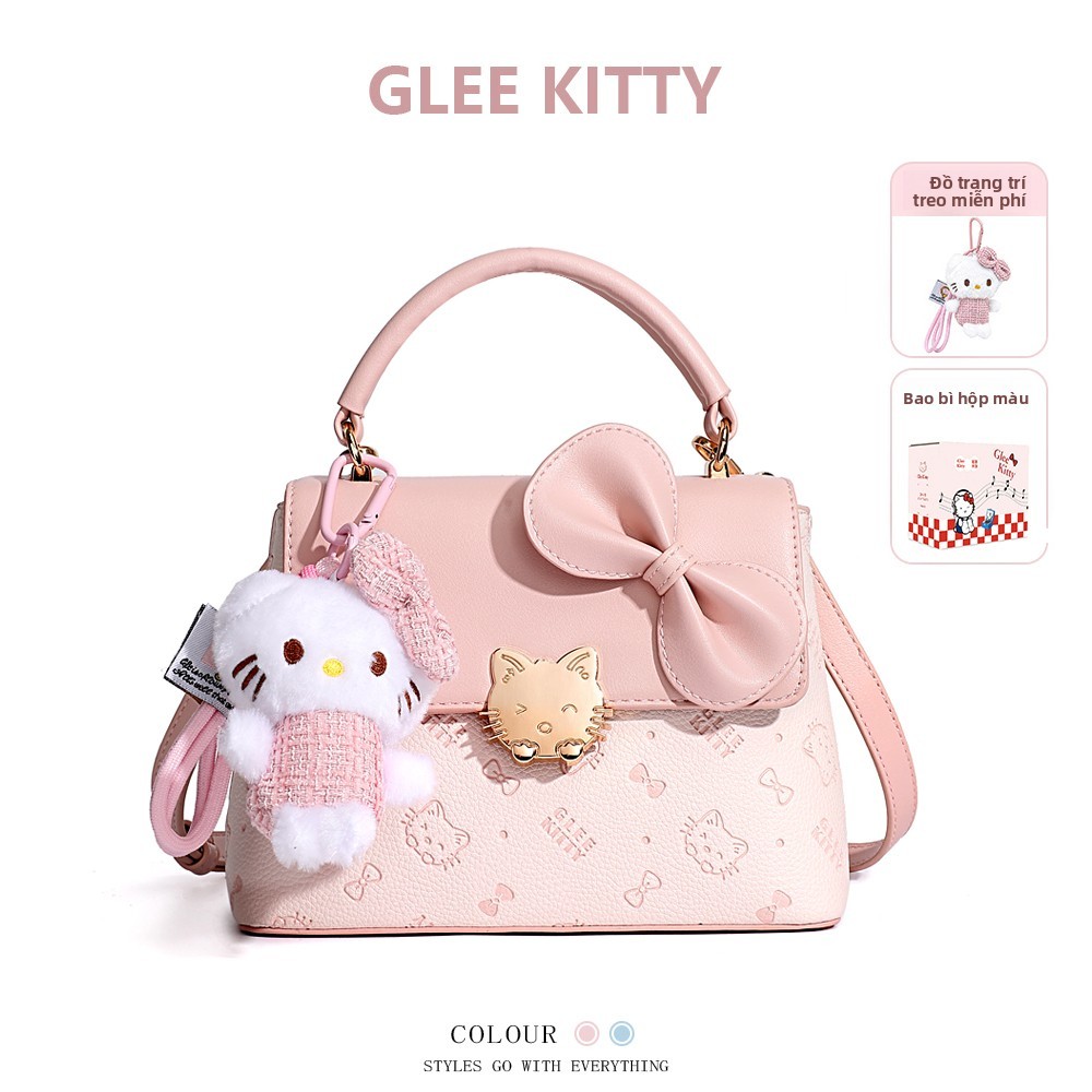 Glee Kitty Túi đeo chéo màu hồng cho học sinh Túi vuông nhỏ có nơ dễ thương Túi có móc treo nhồi bôn
