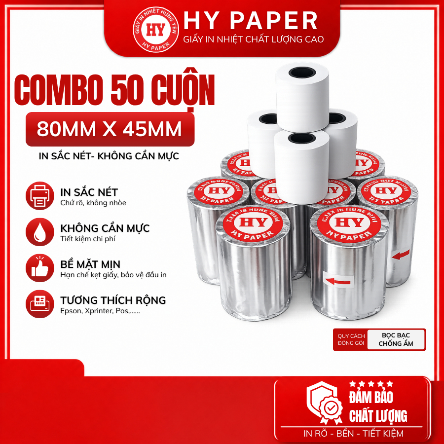 Combo 50 cuộn giấy in nhiệt K80x45 80mm x 45mm giấy bill POS nhỏ gọn Epson Xprinter Gprinter