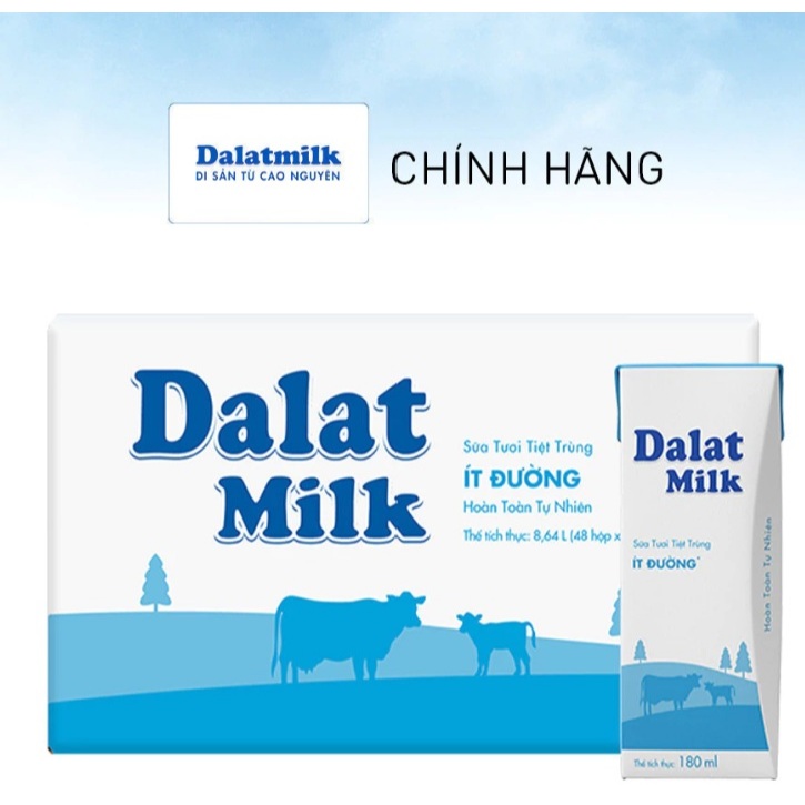 hùng 48 hộp DALAT ID - 180ML - sữa tươi tiệt trùng Dalatmilk ít đường 180 ml (180 ml x 48)