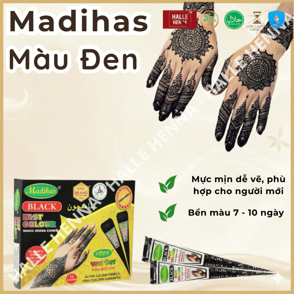 Mực vẽ Henna Madihas Màu Đen (Black Henna Cone) Chính hãng Ấn Độ | Bền Màu 7–10 Ngày | Henna Cone Vẽ