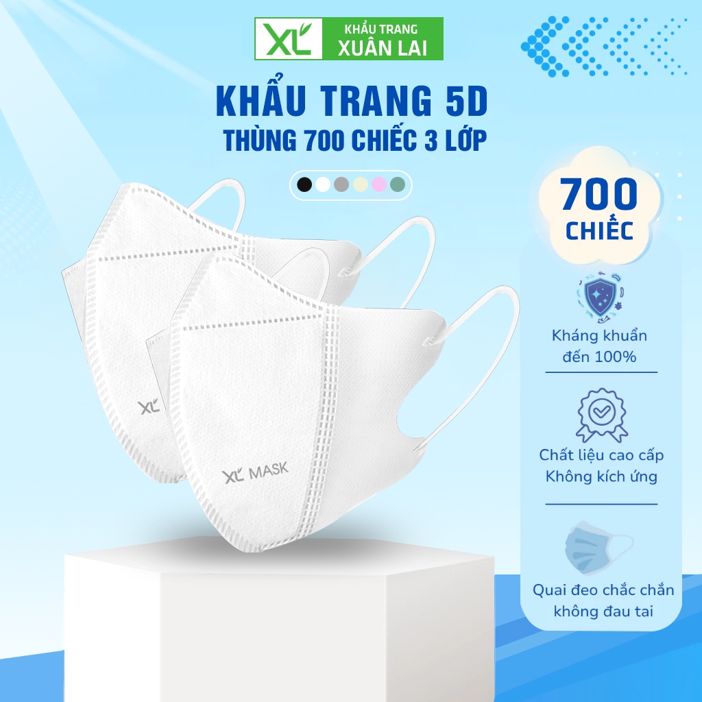 Khẩu Trang 5D [ 600/700 Cái ] XL MASK, Khẩu Trang 5D Xuân Lai 3 Lớp Vải Đủ Màu Chống Tia UV