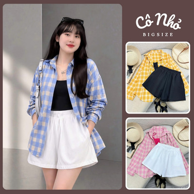 Set Bộ Bigsize Nữ 3 Món Đi Biển Sang Chảnh Áo Sơ Mi Kẻ Ô Mix Áo Dây & Quần Short SM161+G118+Q500