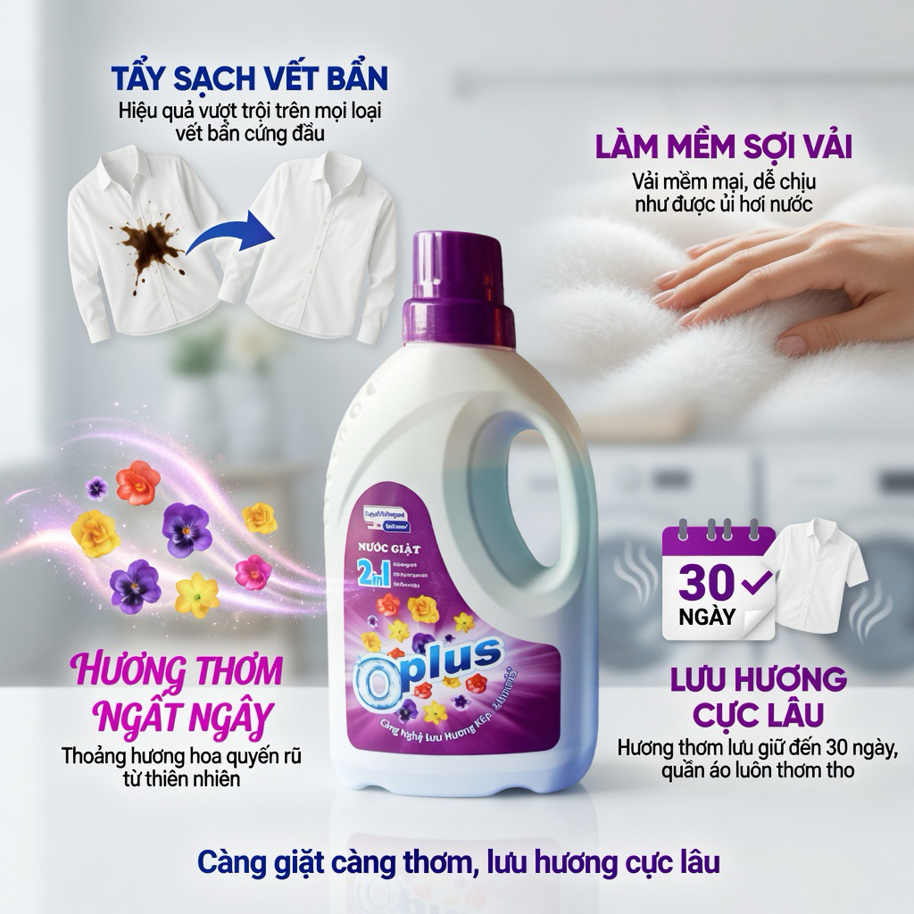 Nước Giặt OPLUS 2in1 chai 1kg, sạch vết bẩn, mềm vải, thơm ngất ngây, lưu hương lâu, chai 1kg