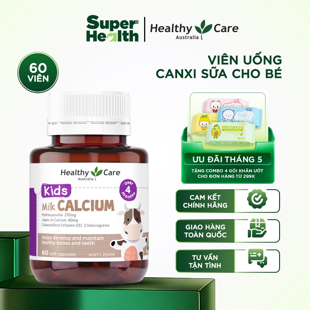 Canxi Sữa Cho Bé Healthy Care Kids Milk Calcium 60 Viên ÚC Bổ Sung Canxi Và Vitamin D3