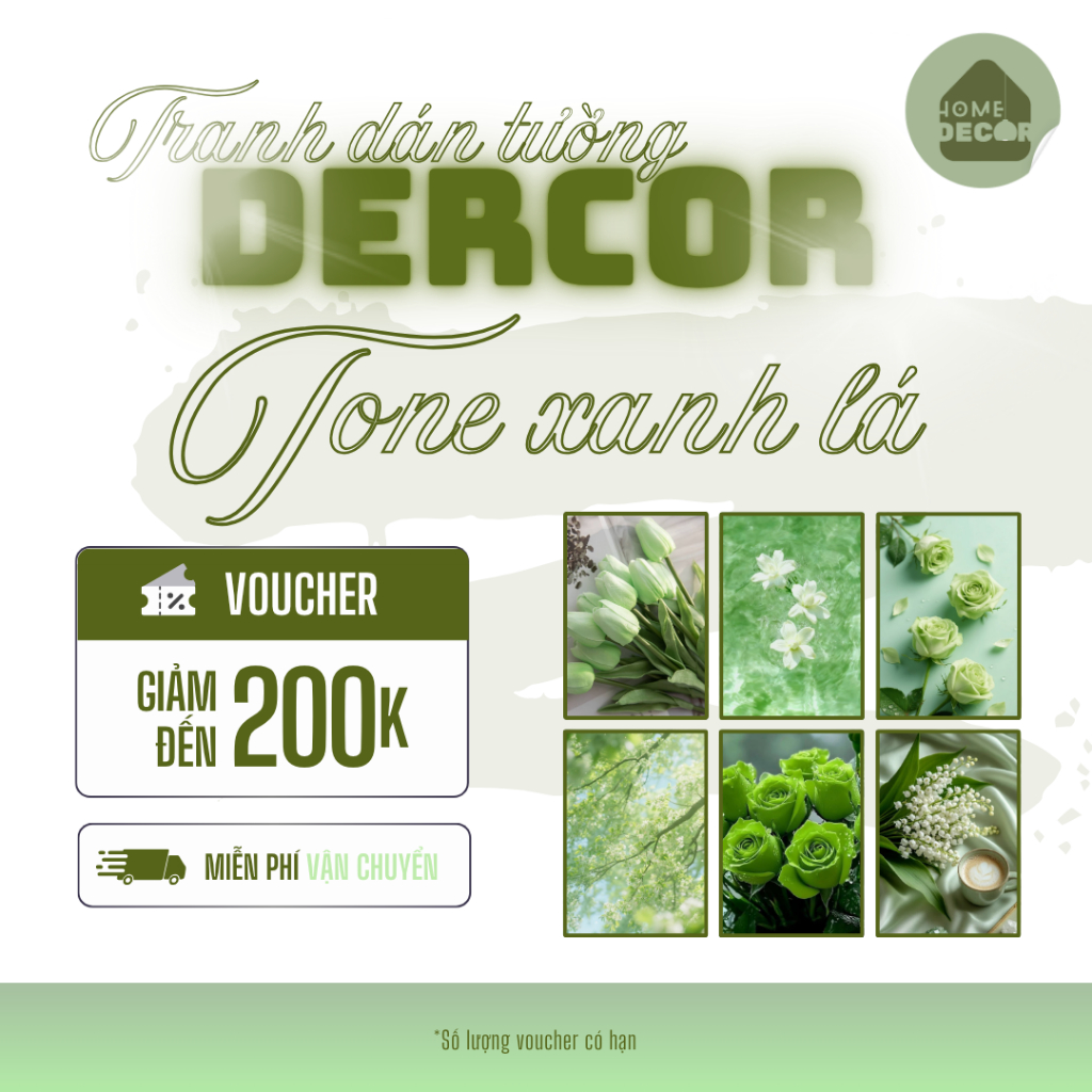 Tranh trang trí chủ đề HOA dán tường Atwork Đèn Decor tone XANH LÁ hiện đại trang trí phòng