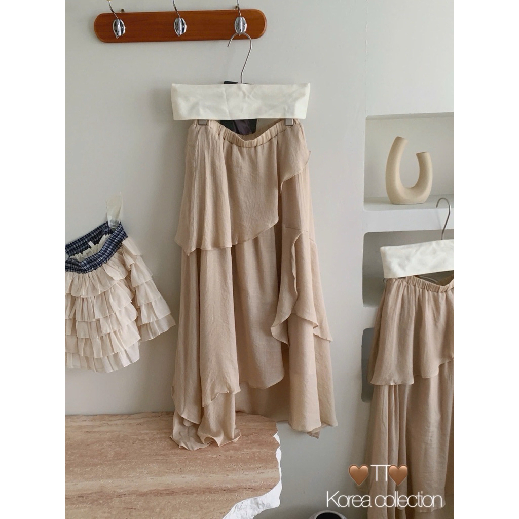 Chân váy lụa 3 tầng bèo korea màu be nude xinh