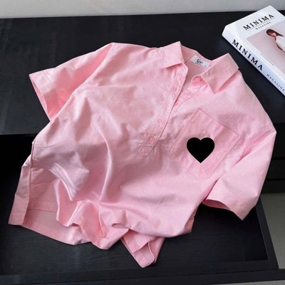 Áo sơ mi linen tay ngắn cổ bẻ thêu gấu màu hồng thời trang Callene (L2971)