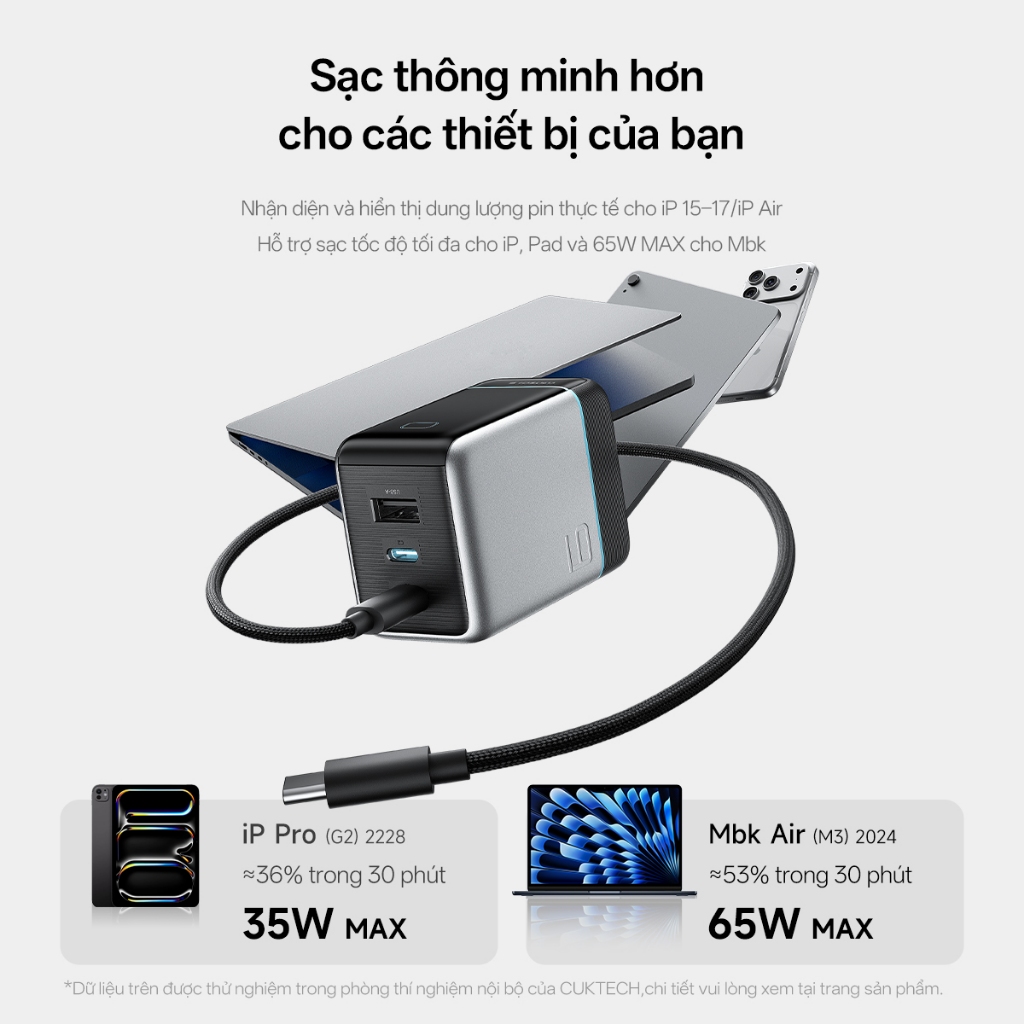 Củ Sạc Nhanh CUKTECH GaN 100W Màn Hình Hiển Thị 3 Cổng Type-C Sạc Laptop 65W Tương Thích iP 17 Pro Max/MacBook/Xiaomi | BigBuy360 - bigbuy360.vn