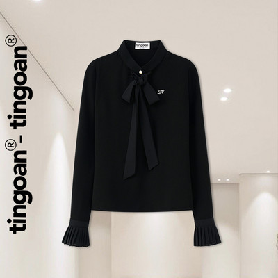 TINGOAN® - Áo sơ mi phối dây nơ cổ tay xếp ly ĐEN MONICA BLOUSE/BL