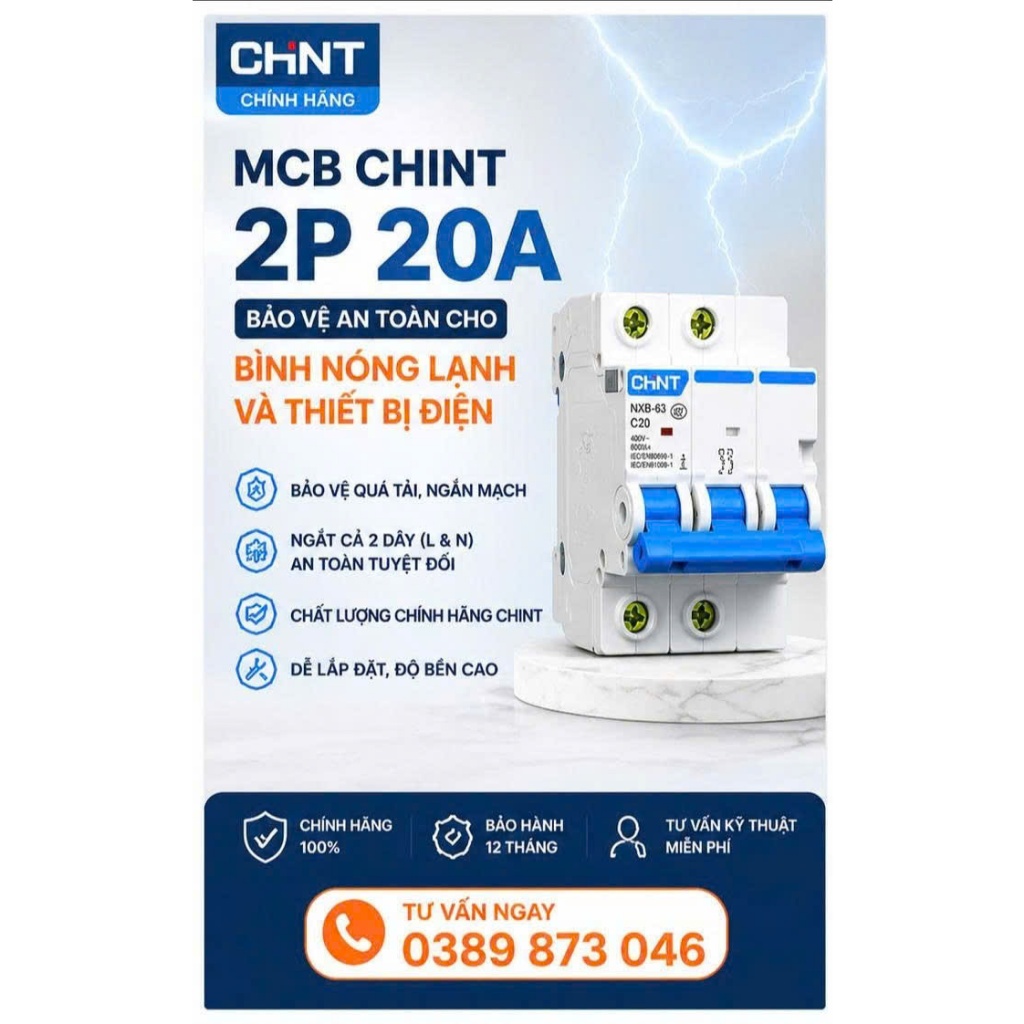 MCB Chint 2P 20A – Aptomat cho bình nóng lạnh – chống quá tải – an toàn điện