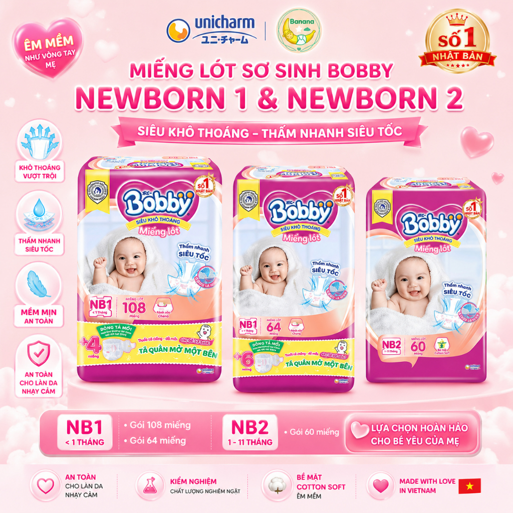 Miếng Lót Sơ Sinh Bobby NB1 NB2 Chính Hãng – Tã Dán Cho Bé Siêu Thấm Hút, Mềm Mại, Khô Thoáng