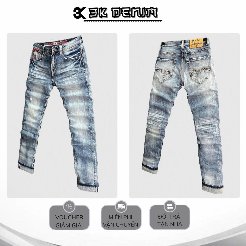 [3K DENIM] Quần Jean Denim Guangzhou J4075- 3K-M17-A Màu Xanh Bạc Was Đánh Rách Nhẹ Mẫu Mới