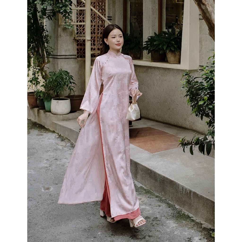 Áo Dài Gấm Lụa Cao Cấp Nora Hoạ Tiết Cúc Đoá Dáng Suông Tay Rộng Nora Couture