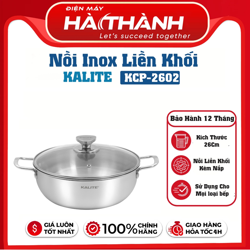 Nồi Inox 3 Lớp KALITE KCP2602 26cm – Nồi Inox 304 Cao Cấp, Đáy Từ 98%, Kèm Vung Kính, Dùng Mọi Loại 