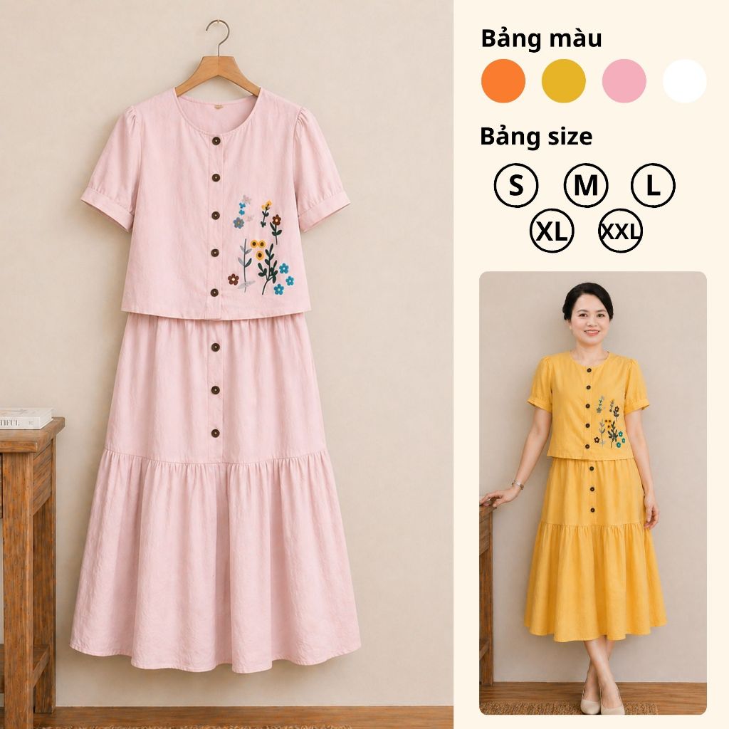 Set váy nữ dáng dài chữ A, Set đồ trung niên áo cộc tay cúc dừa chân váy dài vải đũi mềm