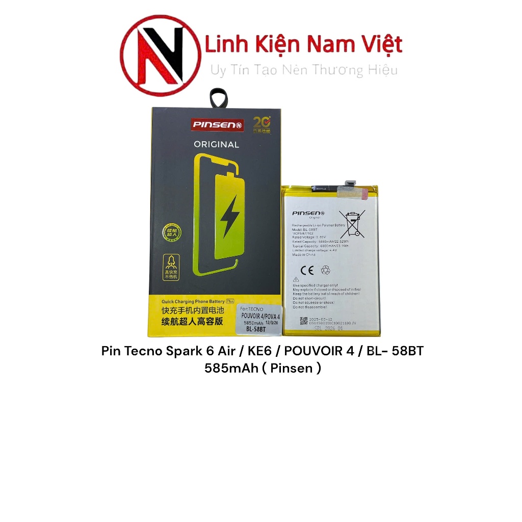 Pin Tecno Spark 6 Air / KE6 / POUVOIR 4 / BL- 58BT 585mAh ( Pinsen )
