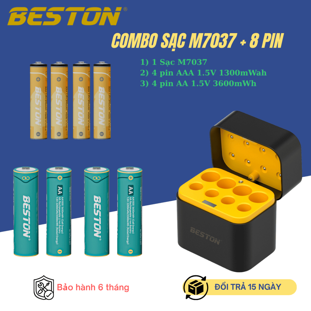 COMBO pin sạc Beston AA AAA  sac M7037 1.5V dùng sạc cùng lúc 8 viên, sạc type-C, sạc nhanh tự ngắt