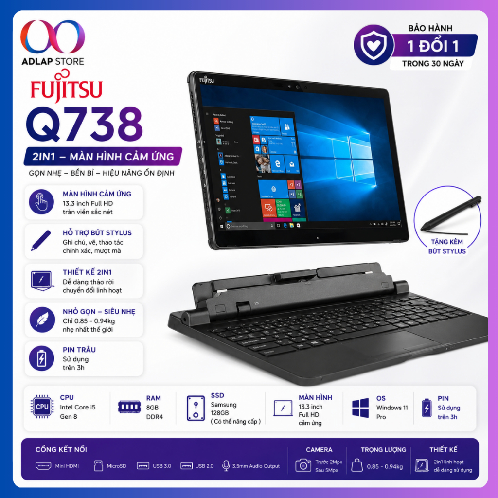 Máy tính bảng Laptop 2in1 Fujitsu Arows Tab Q738 Q739 Ram 8G mạnh hơn Q616 Q665 Q507 nhiều lần