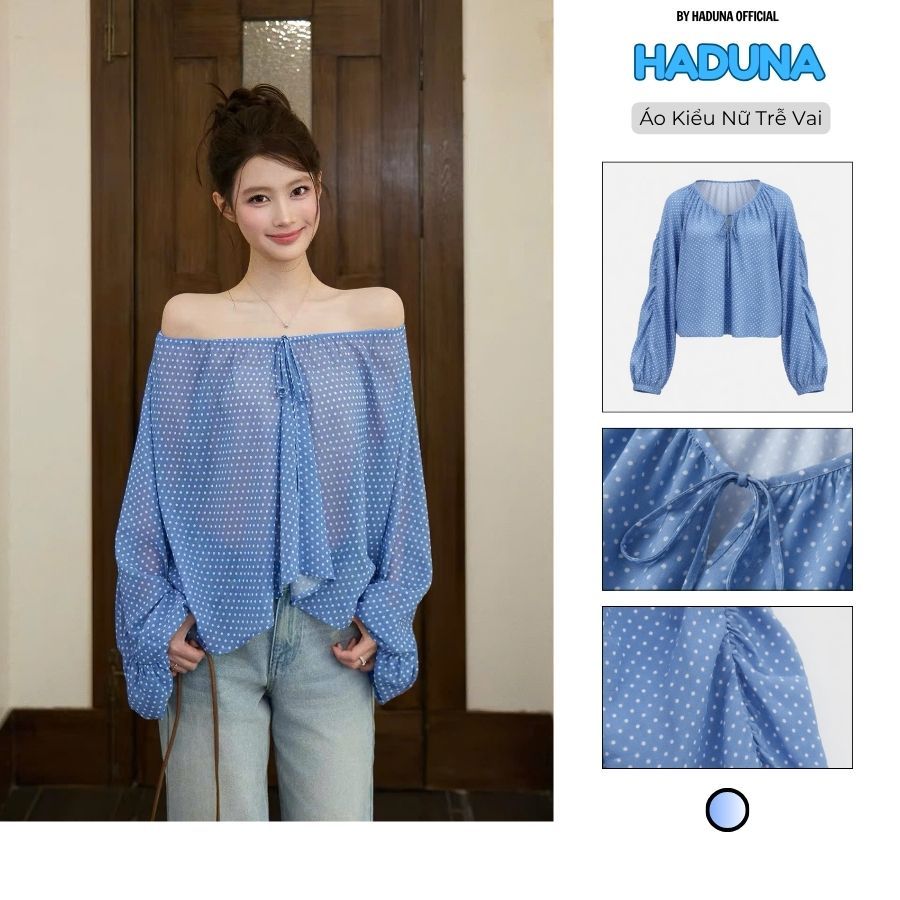 Áo Kiểu Nữ Trễ Vai Chấm Bi Tay Dài Form Rộng Thời Trang AK012
