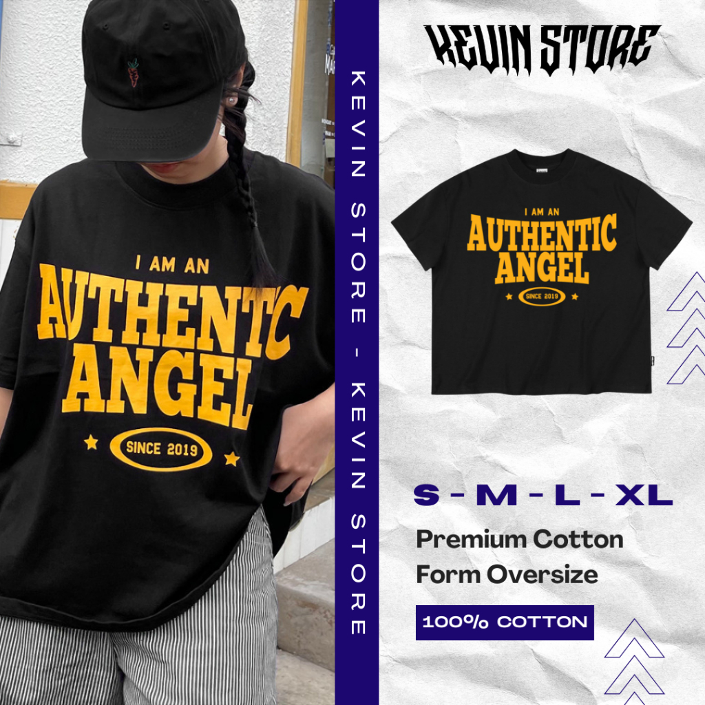Áo thun KEVIN Authentic Angel màu đen có in chữ vàng "Angel Land" Chất Liệu Cotton 100% Kiểu Dáng un