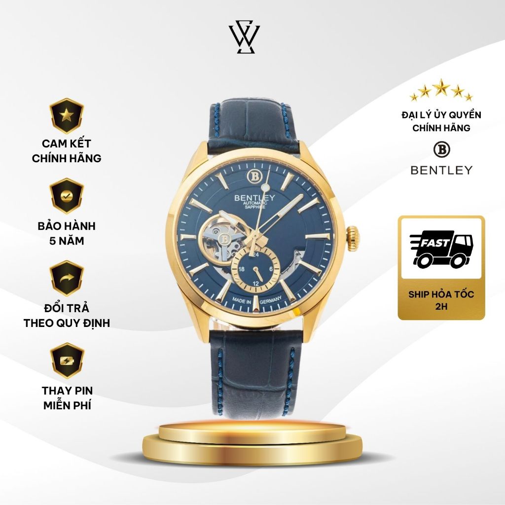 Đồng Hồ Bentley Nam BL1831-25MKNN Máy Cơ / Automatic Kính Sapphire Size Mặt 41mm Dây Da Chính Hãng- 